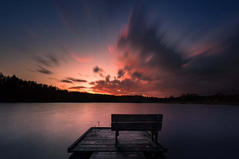 kaszuby, lake, water, clouds, evening, bench, pier, pomerania Benchphoto preview