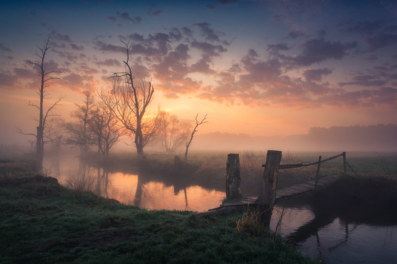 jeziorka, river, morning, sunrise, spring, wooden, bridge,  Jeziorka riverphoto preview