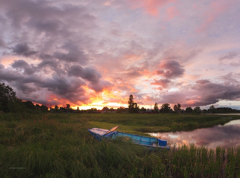 закат лето лодка берег ###photo preview