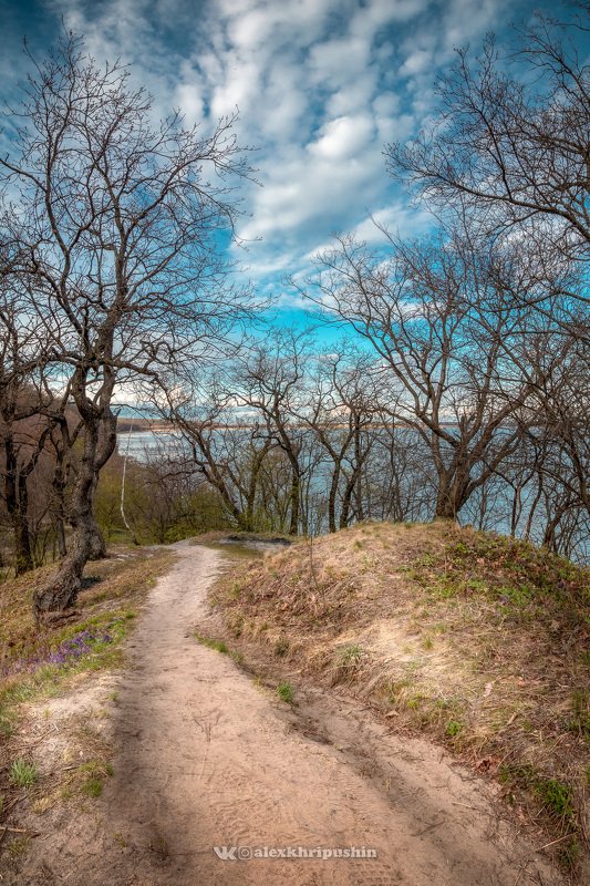 spring sunset landscape trail path sky clouds Along a path with cloudsphoto preview