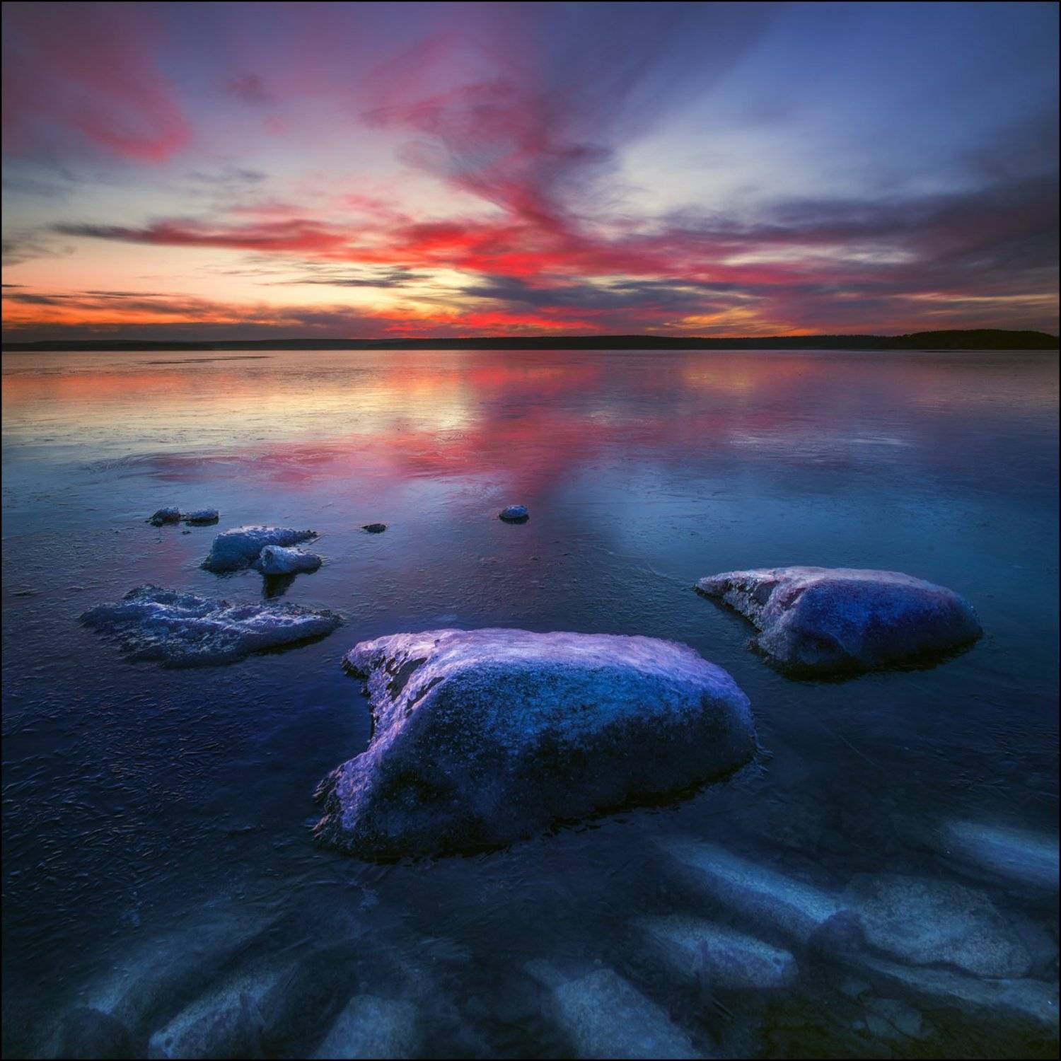 озеро, лед, закат, камни, осень, Илья Бисеров