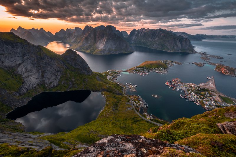 lanscape, sunset, mountains, nature, sea, ocean, water, rocks, village, view, norway, lofoten Beauty of Lofotenphoto preview