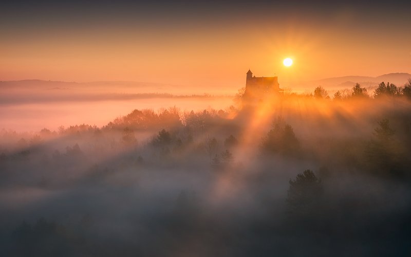 bobolice, castle, foggy, morning, fog, sunrise, sun, landscape, nature Castle in Bobolicephoto preview