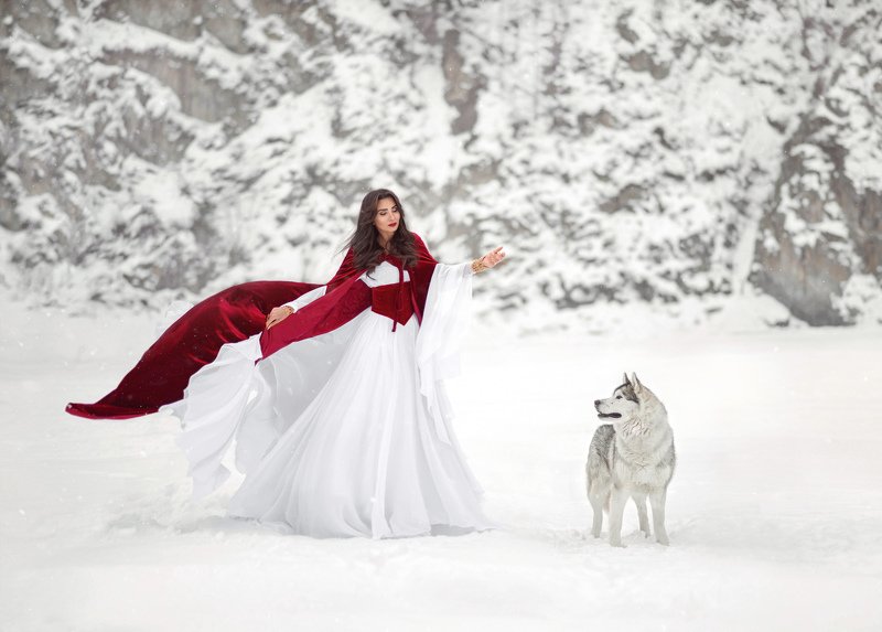 красная шапочка, сказка, сказочная фотосессия, портрет, женский портрет, фильм, мультфильм, красный, хаски, волк, животные, наряд, костюм, костюм красной шапочки, сказка, волшебное фото Красная шапочкаphoto preview