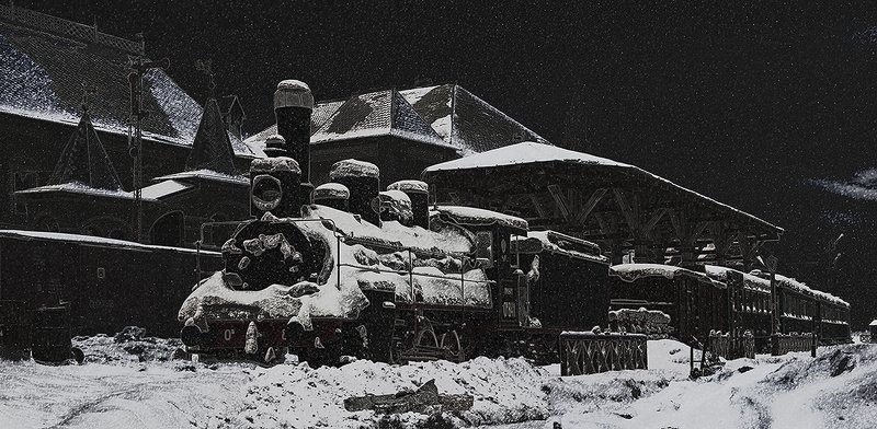 зима ночь паровоз овечка ов снег город Зимняя ночьphoto preview