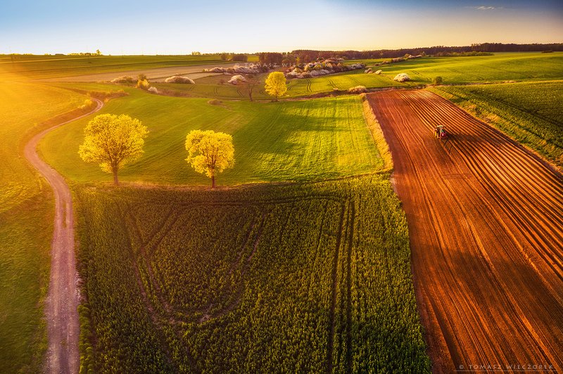 poland, polish, landscape, sunrise, sunset, colours, spring, awesome, amazing, adventure, travel, beautiful, light, fields, tractor, soil Spring worksphoto preview