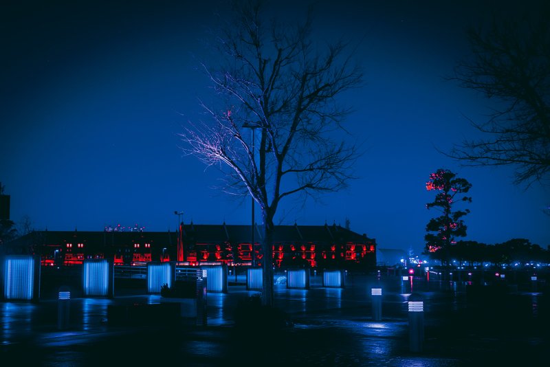 warehouse red night blue building architecture scary Scary nightsphoto preview