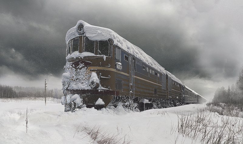 зима тепловоз тэ7 снег лес поле железная дорога Забытый поезд.photo preview
