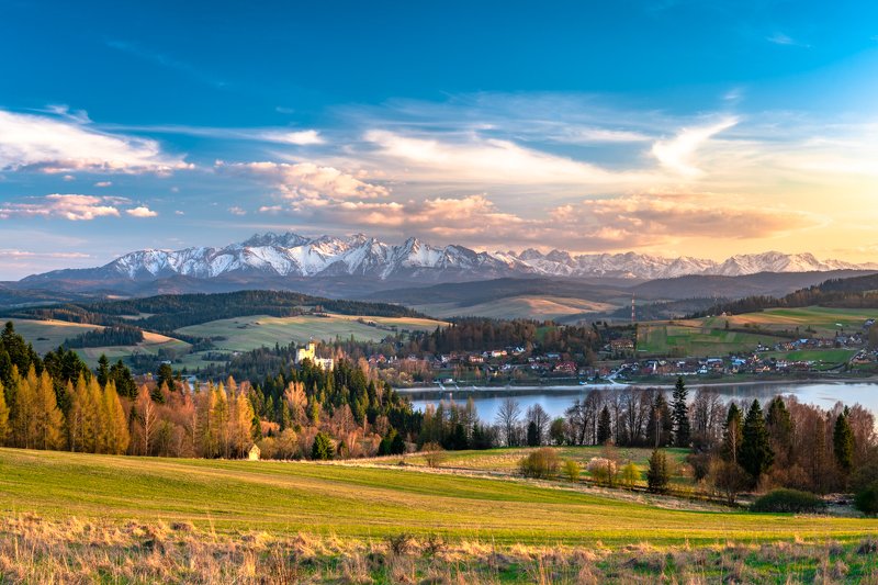 natura, góry, krajobraz, tatry, pieniny, zachód słońca, zamek dunajec, czorszty Zamek Dunajec nad Czorsztynem z Tatrami w Tlephoto preview
