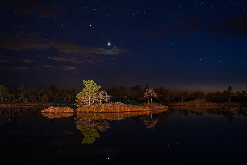 lake,night,stars,light,landscape,nightscape,forest,dark,latvia,kemers,nature, Ostrovphoto preview