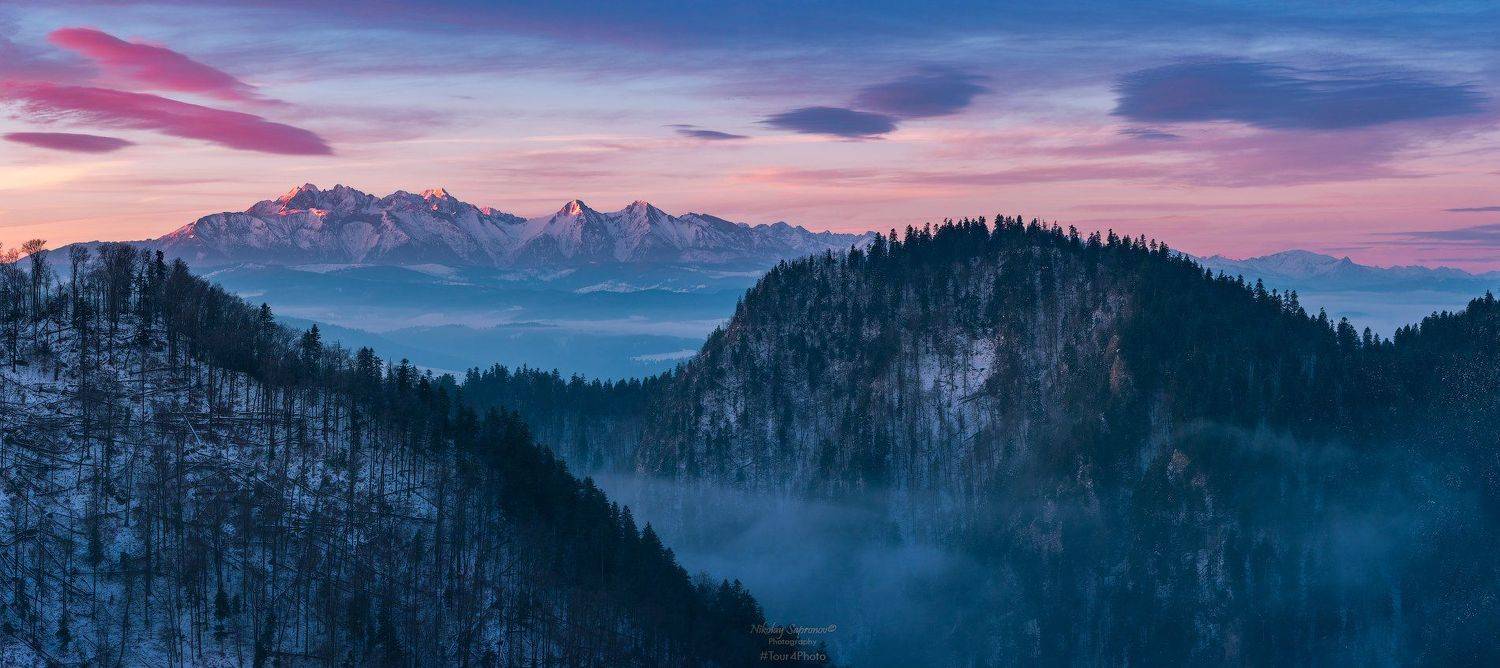 татры, пьенины, пенины, бескиды, пенинский национальный парк, закопане, южная польша, польские горы, горы, высокие татры, белянские татры, зима, рассвет, панорама, tatry,  pieniny, pieniny national park, Николай Сапронов