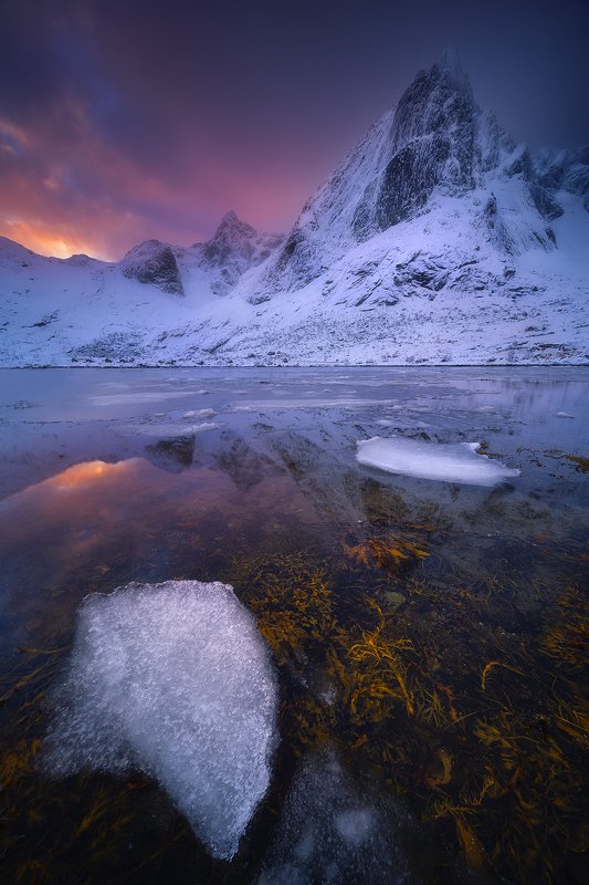 stortinden lofoten norway sunset winter snow ice landscape mountain reflection  stortindenphoto preview