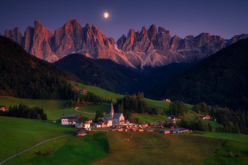 moon moonrising landscape mountain church night sunset village dolomiti dolomites italy europe  santa madallenaphoto preview