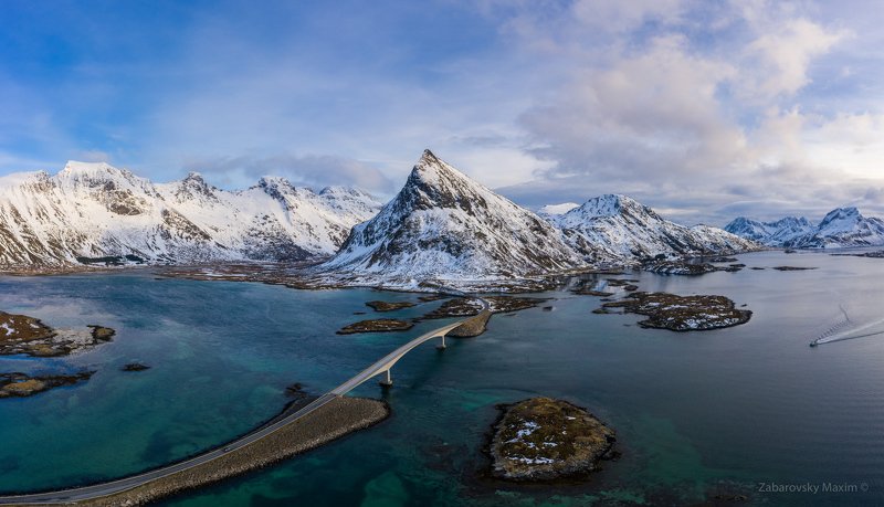 mountain, lofoten, winter, norway, bridge Fredvang bridge and Volandstind Mountain. Lofoten, Norwayphoto preview