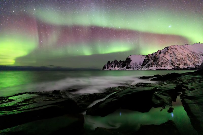 ersfjord, aurora borealis, senja, northern lights, tromso, lofoten islands, norway, polar, winter, mountain, beach, northern, fjord, milky way, universe, sky, sea, scandinavia, north, night Aurora borealis over Ersfjord beach. Senya Island at night, Norwayphoto preview