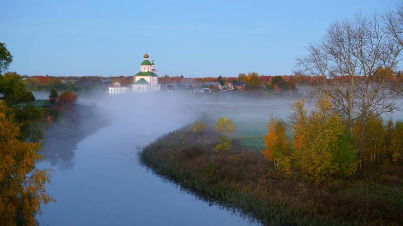 russia, suzdal, landscape, morning, houses, river, autumn, church, fog, architecture, travel, beautiful, houses Water fog on the riverphoto preview