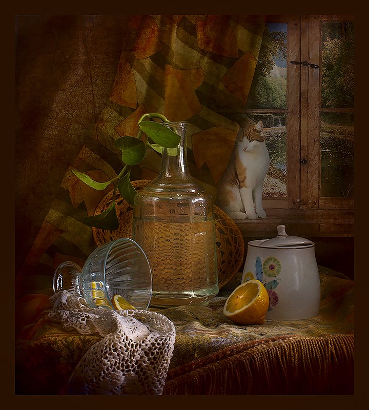 графин, окно, лимон, сахарница, кот С графином photo preview