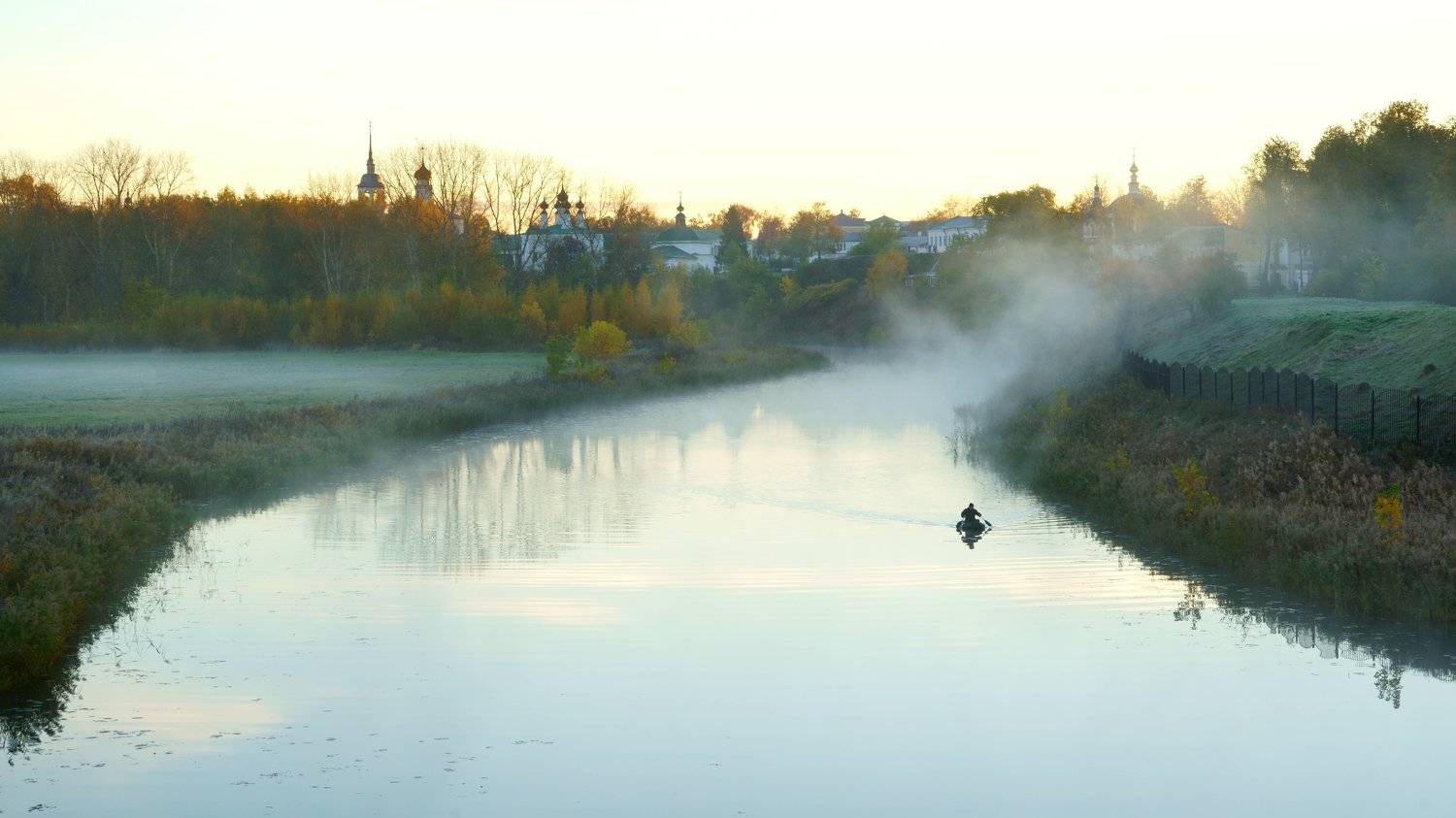 russia, suzdal, landscape, morning, houses, river, autumn, church, fog, architecture, travel, beautiful, houses, fishermen, boat, Shin