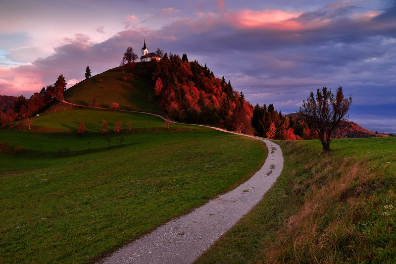 slovenia, sunrise, morning, trail, autumn, light, route, road, hill, tree, church, cloud, Saint James trailphoto preview