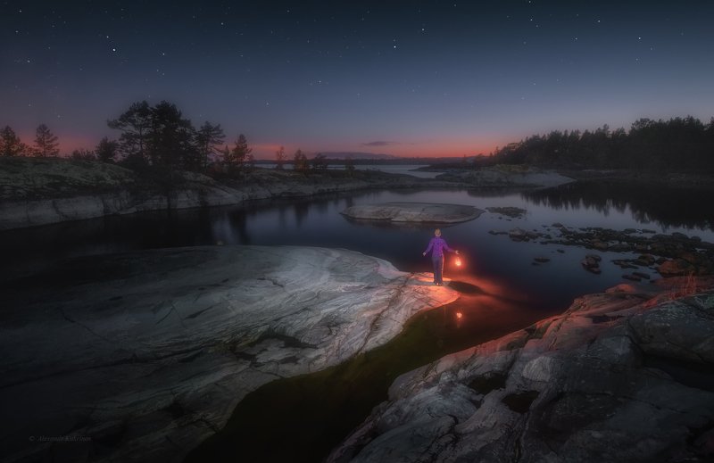 ладога, ночь, звёзды, пейзаж Девушка... фонарь... и Ладожская ночь...photo preview