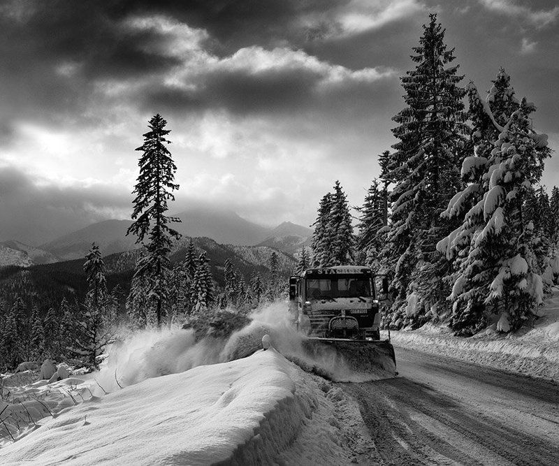 winter, snow, road, clouds, b&w, mountains, forest, truck photo preview
