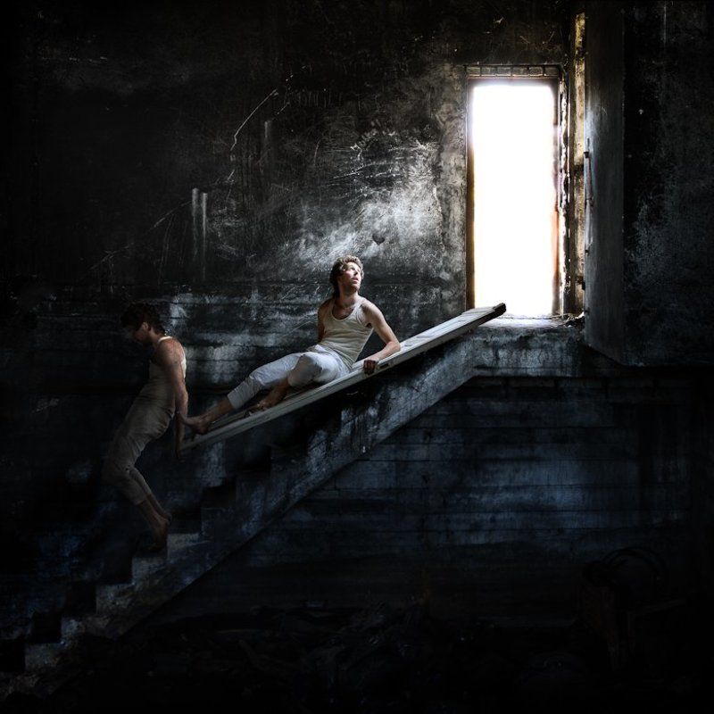 light, darkness, man, stairs, basement, door, color, human, From light to darknessphoto preview