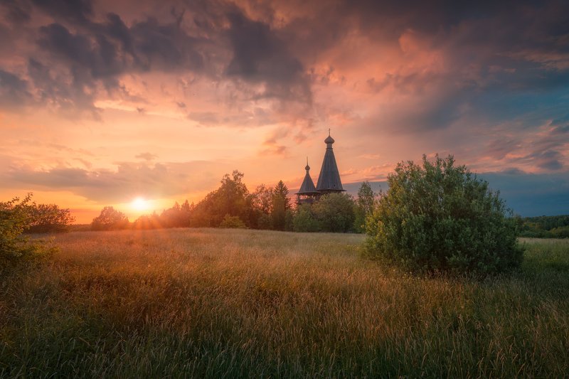 вечер, лето, солнце, закат, церковь, погост, Вечернееphoto preview