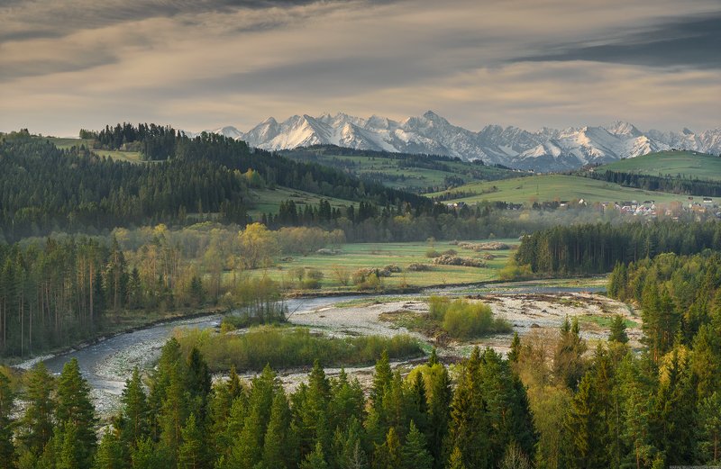 #landscape #panoramic #photo #nikon #poland #adventure #sunset  #mountains #river #nature #forest High Tatras and Białka Riverphoto preview