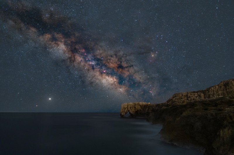 milky way, stars, sky, elephant rock, sea, syracuse, sicily, italy, jupiter, Saturn Milky way over Elephant Rockphoto preview