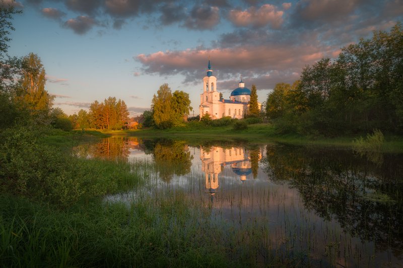 вечер, река, отражения, церковь, лето, вода, церковь на реке Старый погостphoto preview