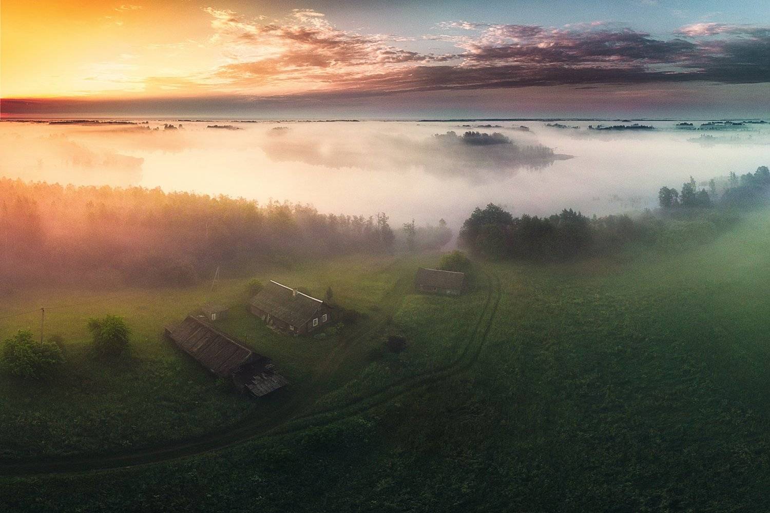 Latvian Morning. Автор: Olegs Bucis landscape,sunride,fog,lake,village,clouds,beautiful,nature, Olegs Bucis