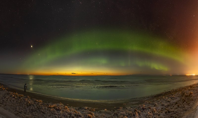архангельская обасть, ночное фото, белое море, русский север, северное сияние Aurora Borealis на закате дняphoto preview
