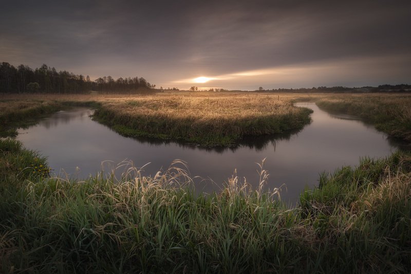 river sunrise water clouds sky grass meadow Podlasie Poland Moody sunrise...photo preview