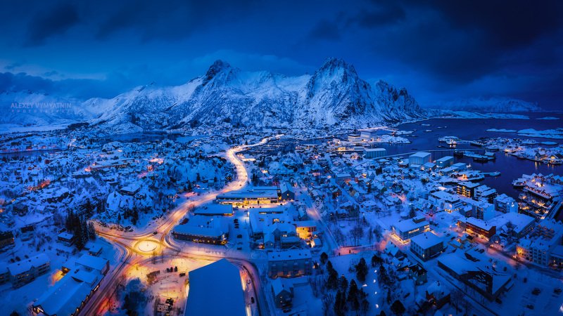 norvegia, svolvær, svolver, mountains, drone, sunset, bluehour, city, lights Above the Svolværphoto preview
