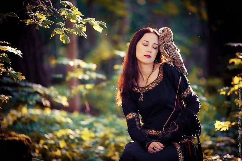 портрет, девушка, лес, природа, сова Леснаяphoto preview