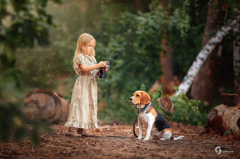 девочка, собака, лето, бигль, фотограф Портрет для друга фото превью