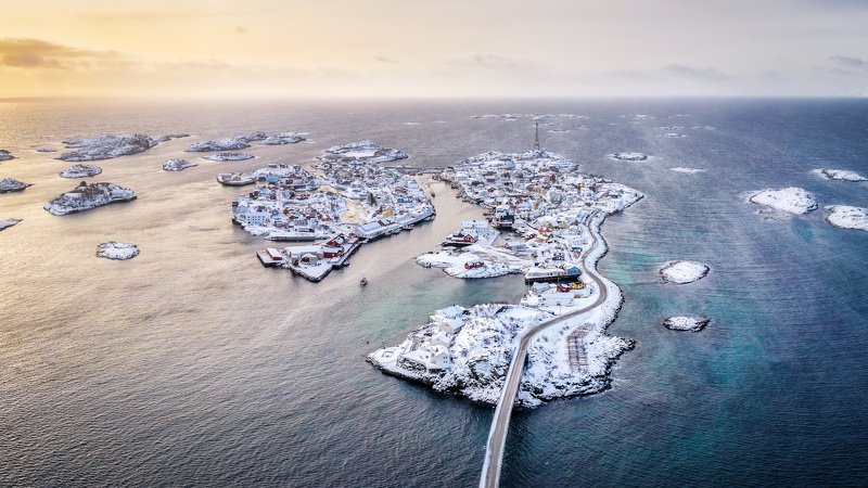 lofoten, norway, norvegian, islands, winter, drone, sunrise Норвежская Венецияphoto preview