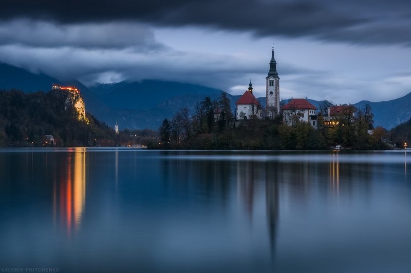 словения, блед, церковь, вечер, пейзаж, путешествия, slovenia, bled, landscape, church Мариинская церковь на озере Бледphoto preview