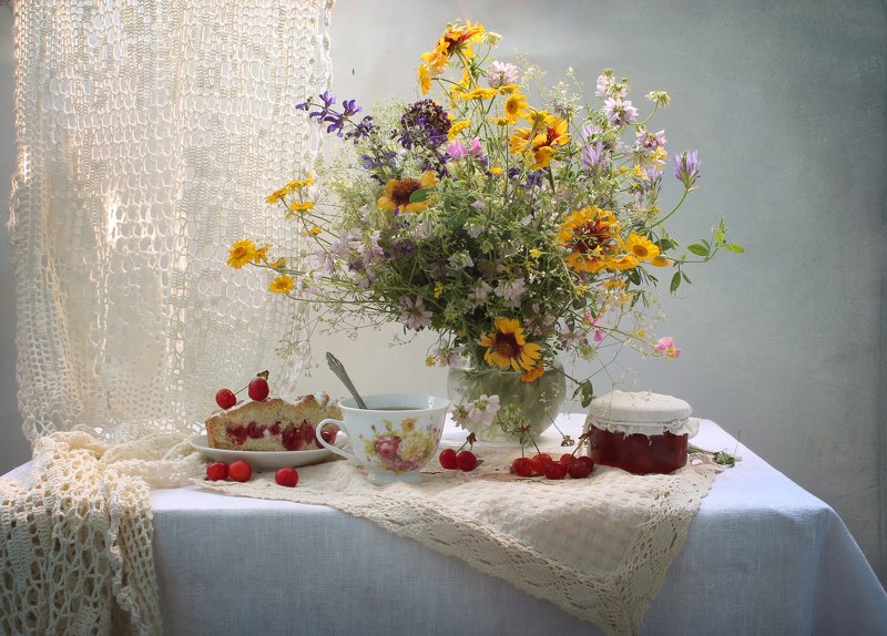 натюрморт, лето, вишня, выпечка, варенье, цветы, штора Летний перекус - 2photo preview