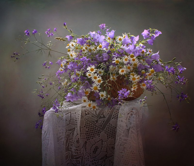 лето, цветы, полевые, корзина, колокольчики, ромашки С колокольчикамиphoto preview