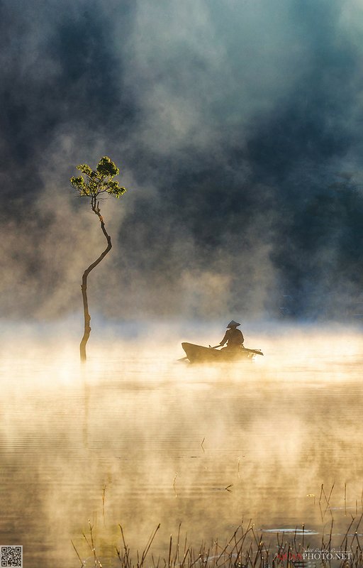 quanphoto, landscapes, morning, sunrise, dawn, misty, foggy, lake, reflections, boat, fishing, plateau, tree, vietnam Misty Morningphoto preview