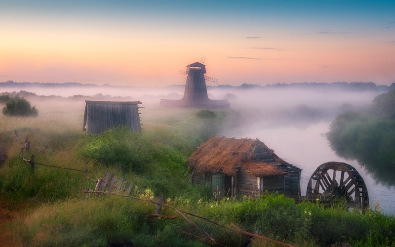 утро, мельница, река, туман, рассвет, деревня Там чудеса....photo preview