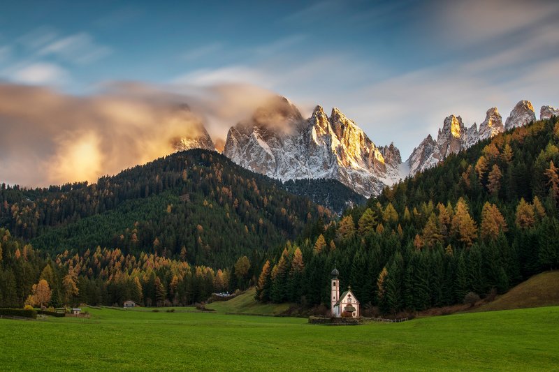 landscape, italy, val di funes, church, sunset, dolomites, ranui Sunset in Val di Funesphoto preview