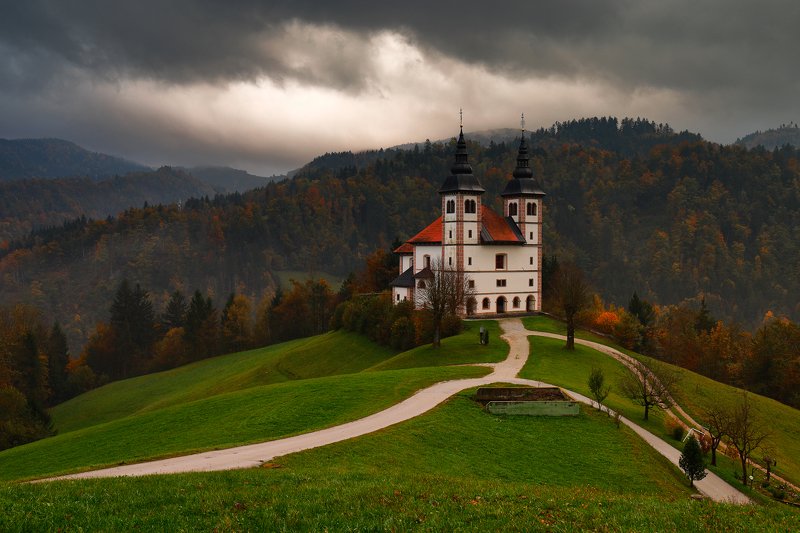 church, slovenia, autumn, evening, cloud, road, St. Wolfgangphoto preview