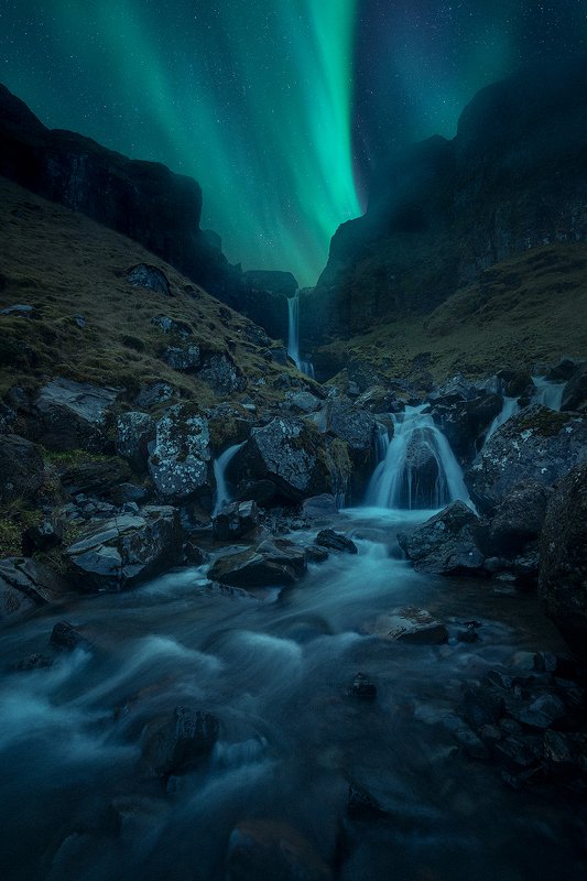 iceland, waterfall, aurora, borealis, night, landscape, rock, mountain,  bæjarfoss photo preview