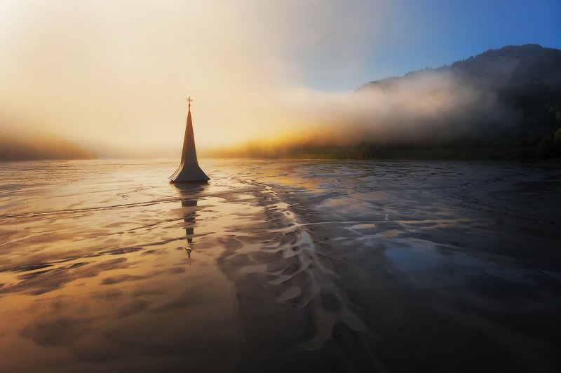 trees, fog, sunrise, landscape, travel, nature, mountain, romania, lake, church, misty, dramatic Light of Shadowsphoto preview
