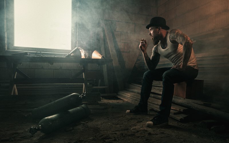 man,cigar,dark, moody, portrait, tattoo, smoke,smoking, room, cinematic,sony, Piotrphoto preview