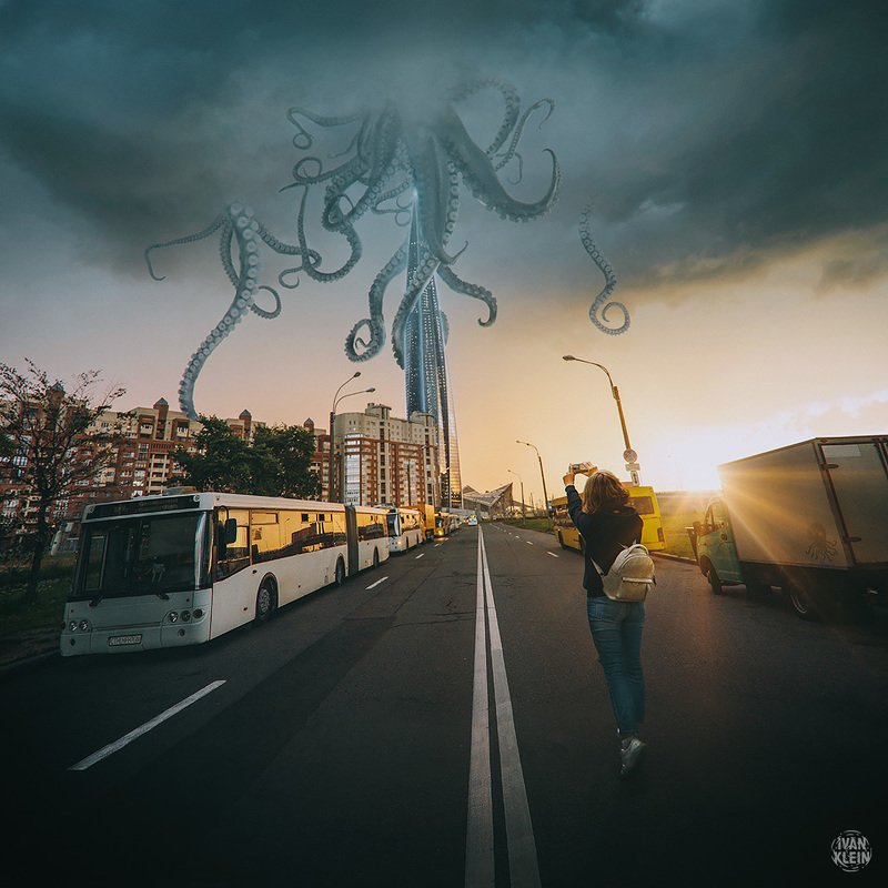 коллаж, город, монтаж, фотоманипуляция, обработка, небоскреб, щупальца, чудовище, закат, монстр, улица, архитектура, облака, гроза Ктулху-Центрphoto preview