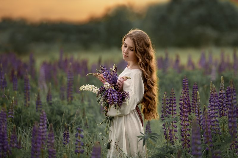 портрет, девушка, женский, портрет, закат В люпиновых поляхphoto preview