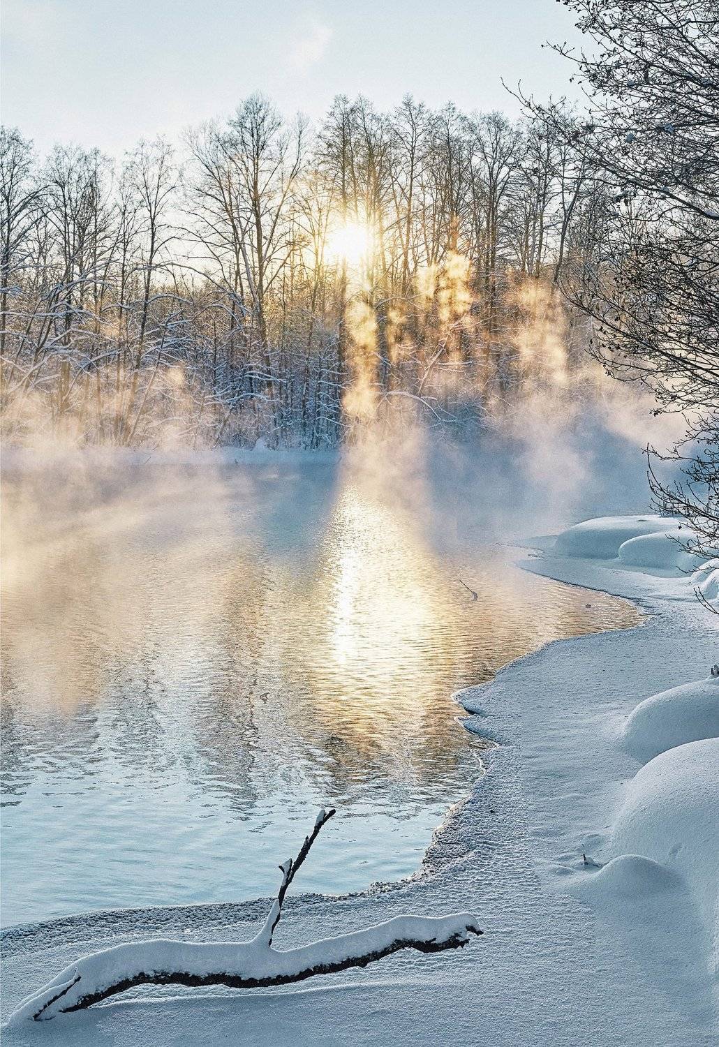зимнее озеро, голубое озеро, зимний пейзаж, зима, закат, ранний закат зимой, солнечный свет, туман над рекой, Светлана Степанова